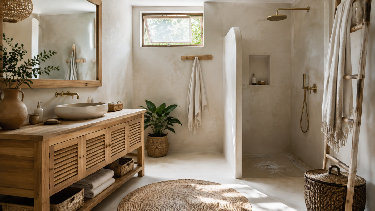 Salle de bain bohème naturelle avec meuble en bois, paniers en fibres, douche minérale et lumière douce