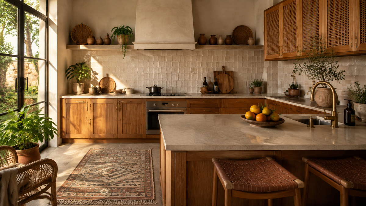 Cuisine bohème chic en bois avec plan de travail minéral, crédence en zellige et rangements cannés