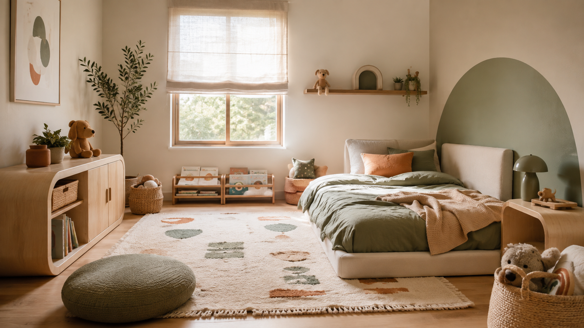 Chambre d'enfant bohème naturelle et sûre avec lit bas, rangements arrondis et tapis lavable