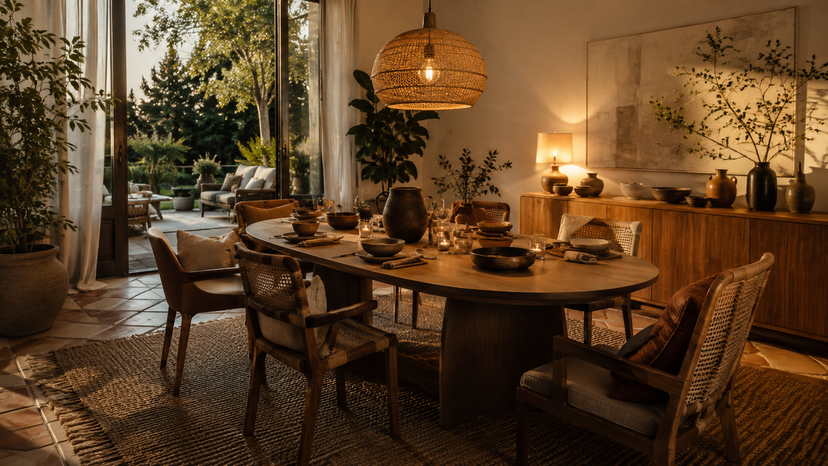 Salle à manger bohème conviviale avec grande table ovale, chaises variées et suspension tressée