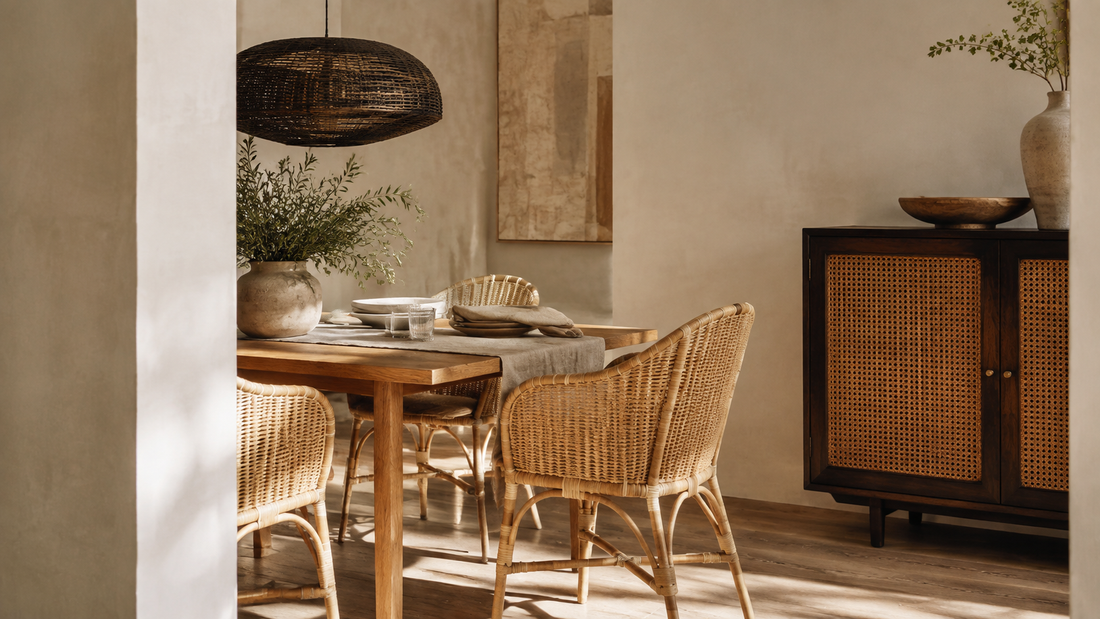Coin repas associant chaises en rotin clair, suspension en rotin foncé et buffet cannage brun