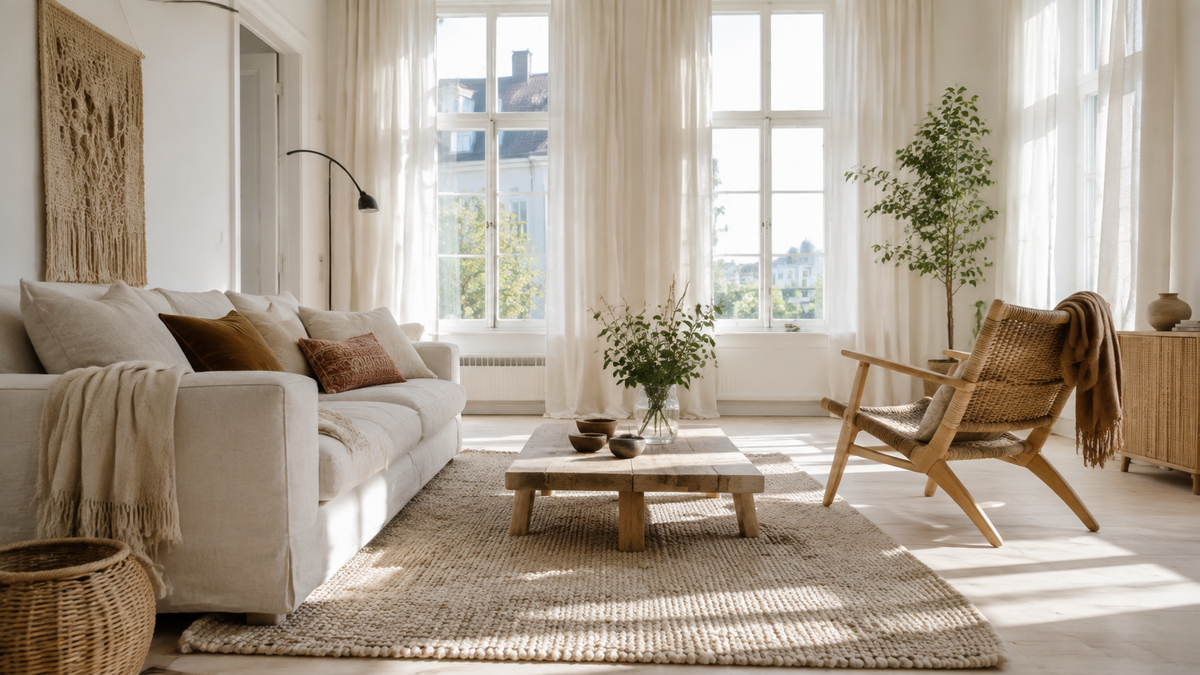 Salon bohème scandinave très lumineux avec bois blond, fauteuil cannage, lin blanc et tapis en laine