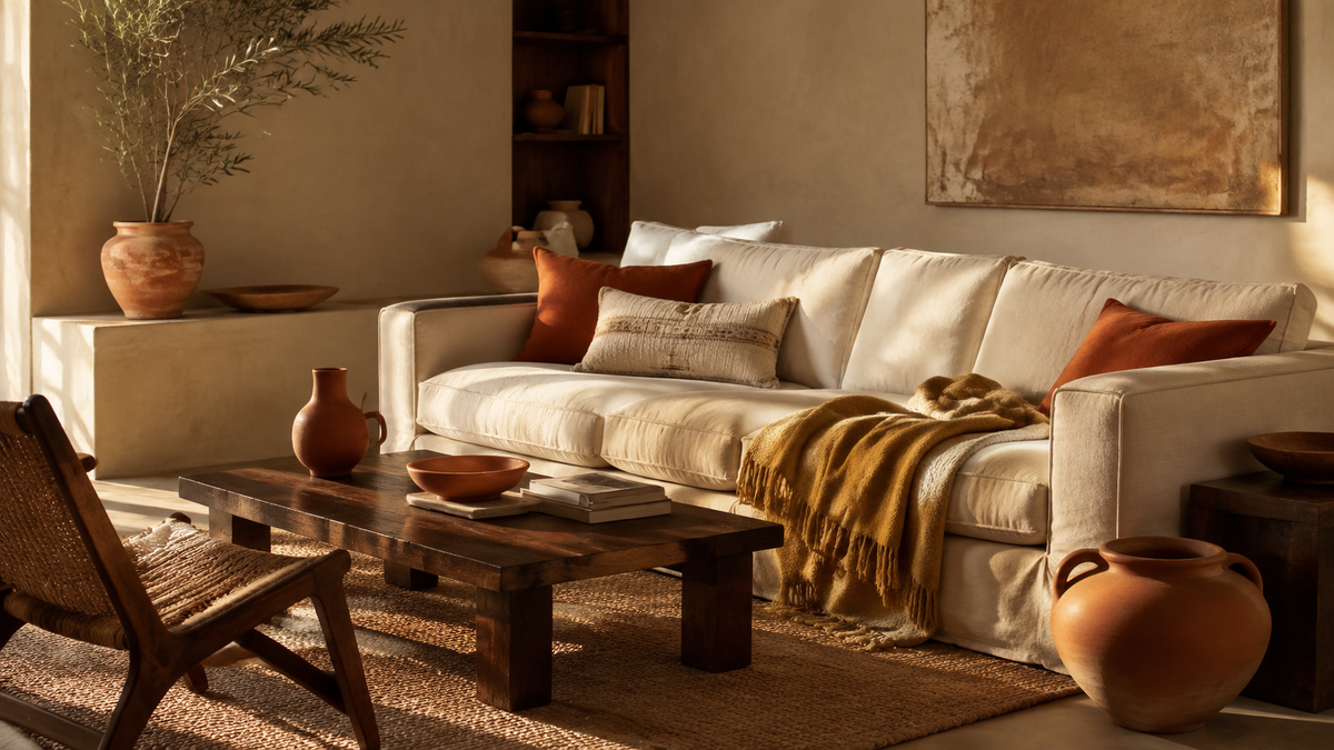 Salon bohème en beige dominant avec touches mesurées d’ocre, de terracotta et de bois foncé