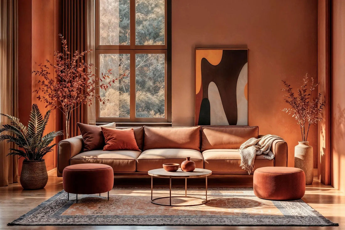 &nbsp;Salon moderne avec papier peint terracotta et mobilier en bois clair