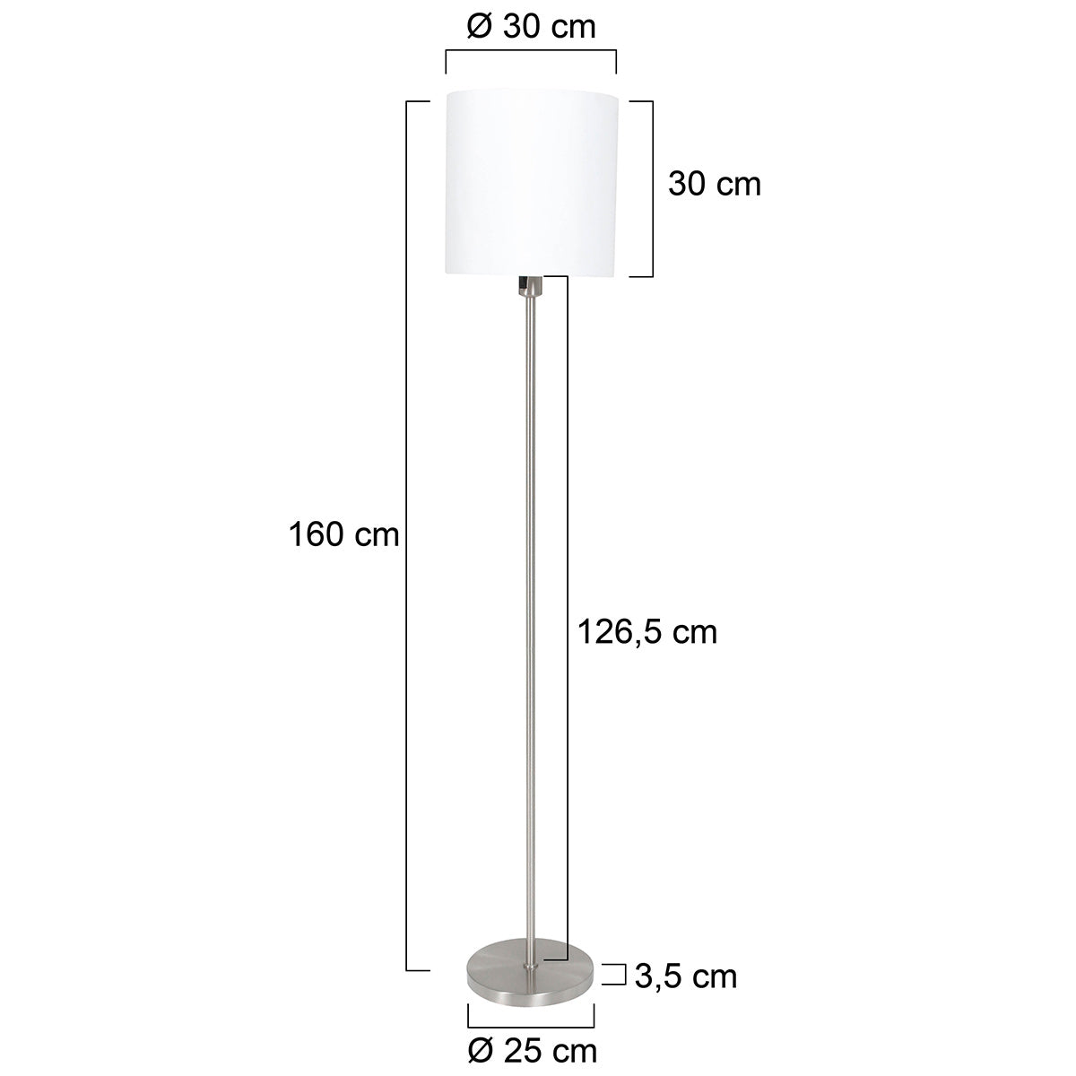Stehlampe aus gebürstetem Metall mit weißem Zylinderschirm – H160 cm