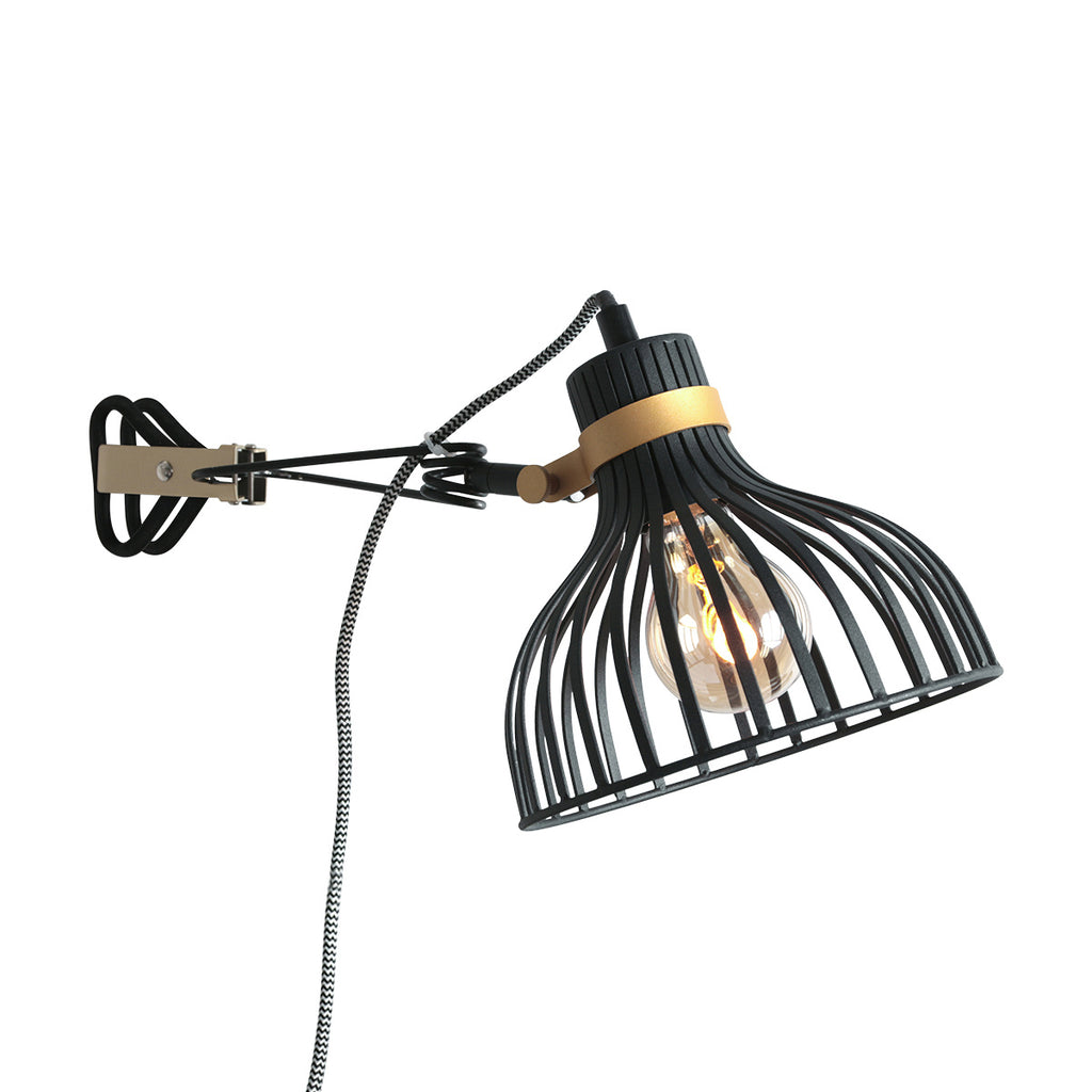 Wandleuchte aus schwarzem Metall mit schwenkbarem Arm und goldenen Details – H20 cm
