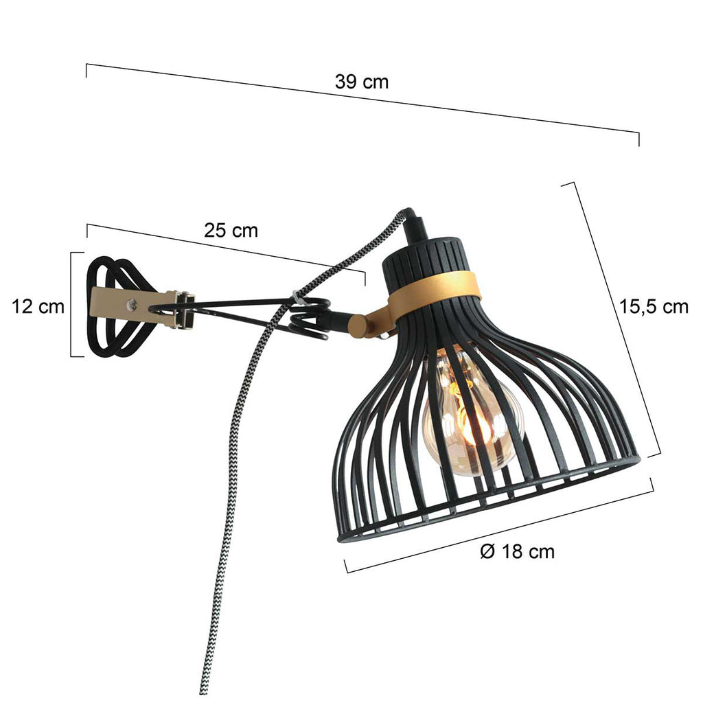 Wandleuchte aus schwarzem Metall mit schwenkbarem Arm und goldenen Details – H20 cm