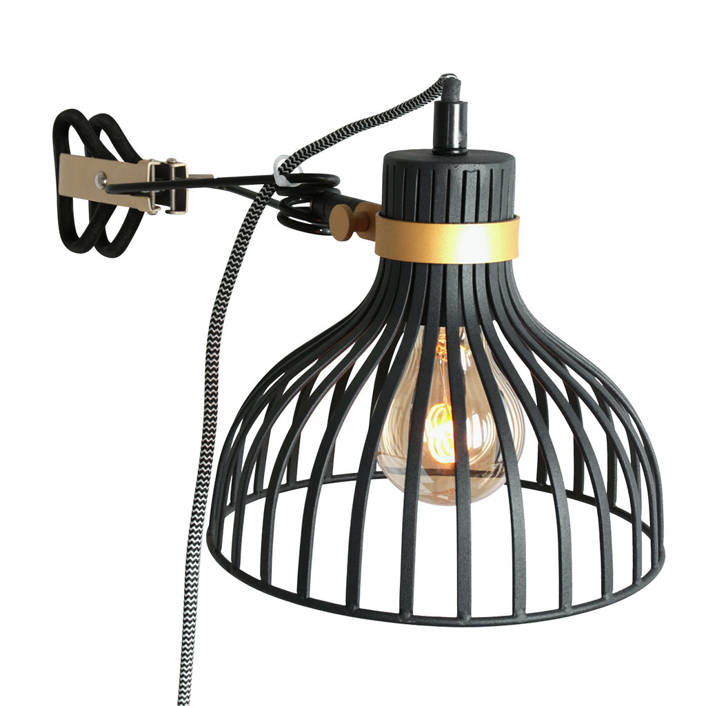 Wandleuchte aus schwarzem Metall mit schwenkbarem Arm und goldenen Details – H20 cm