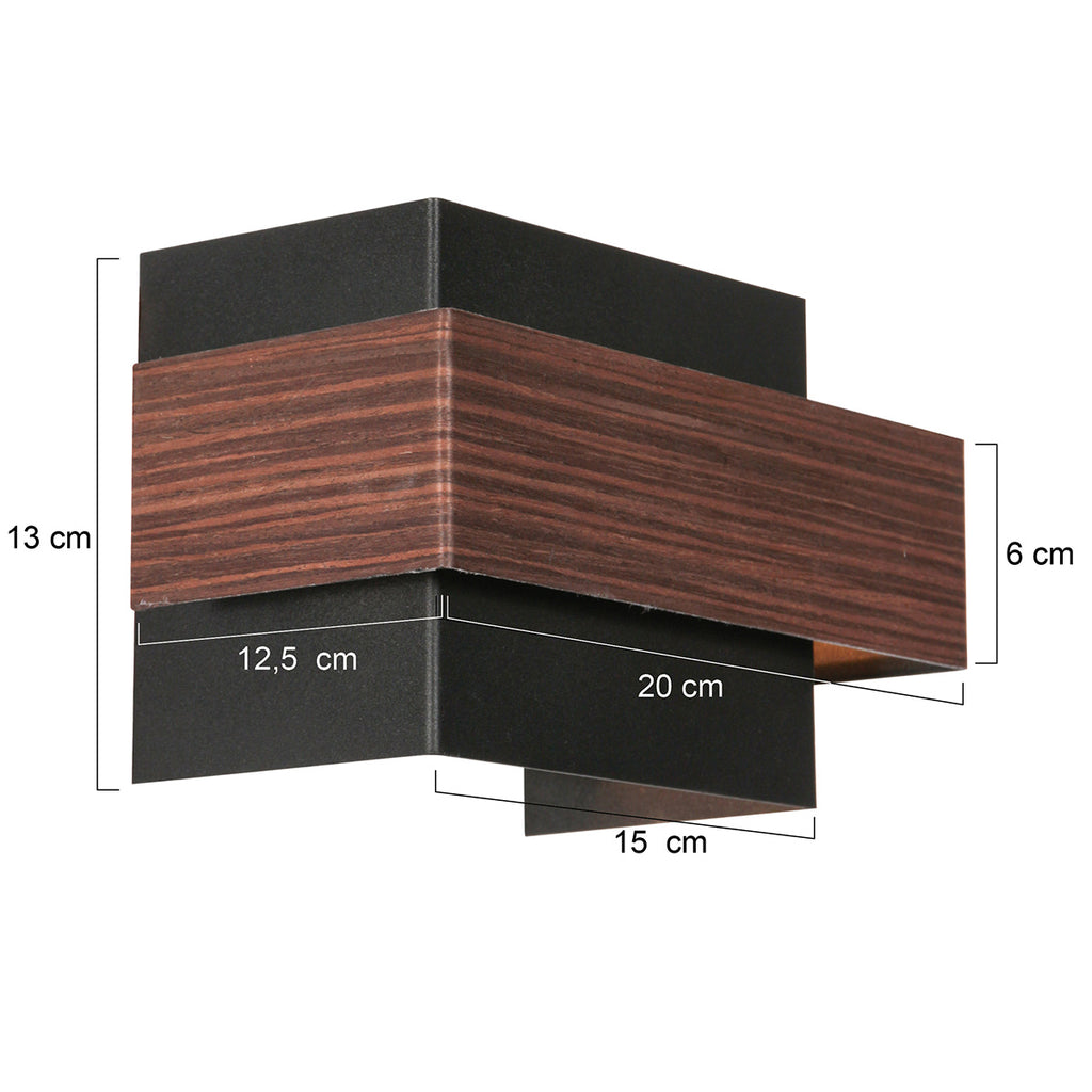 Rechteckige Wandleuchte in Schwarz mit Holzoptik fürs Wohnzimmer – 15x12,5 cm