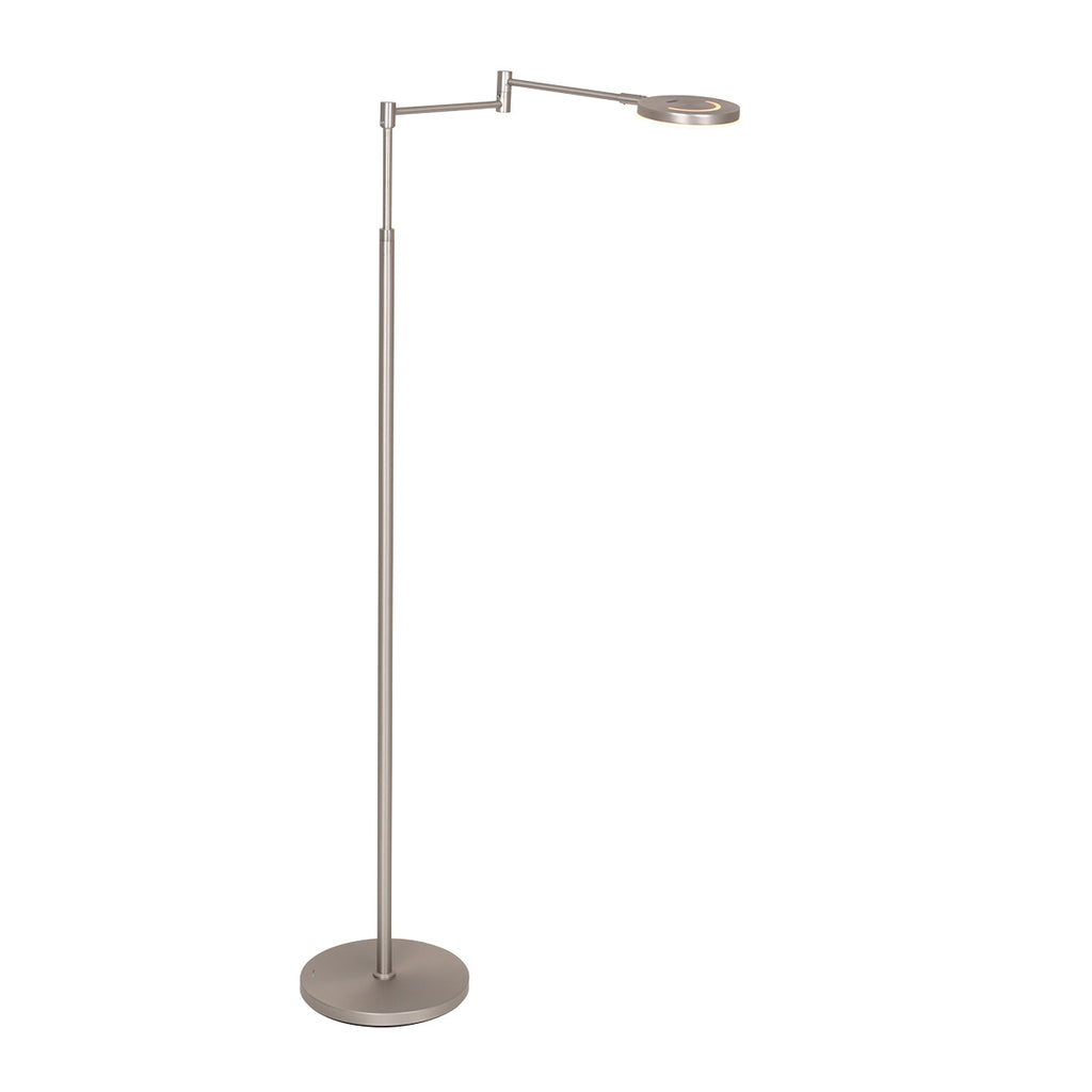 Stehlampe aus silberfarbenem Metall mit Gelenkarm und Akku