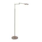 Stehlampe aus silberfarbenem Metall mit Gelenkarm und Akku