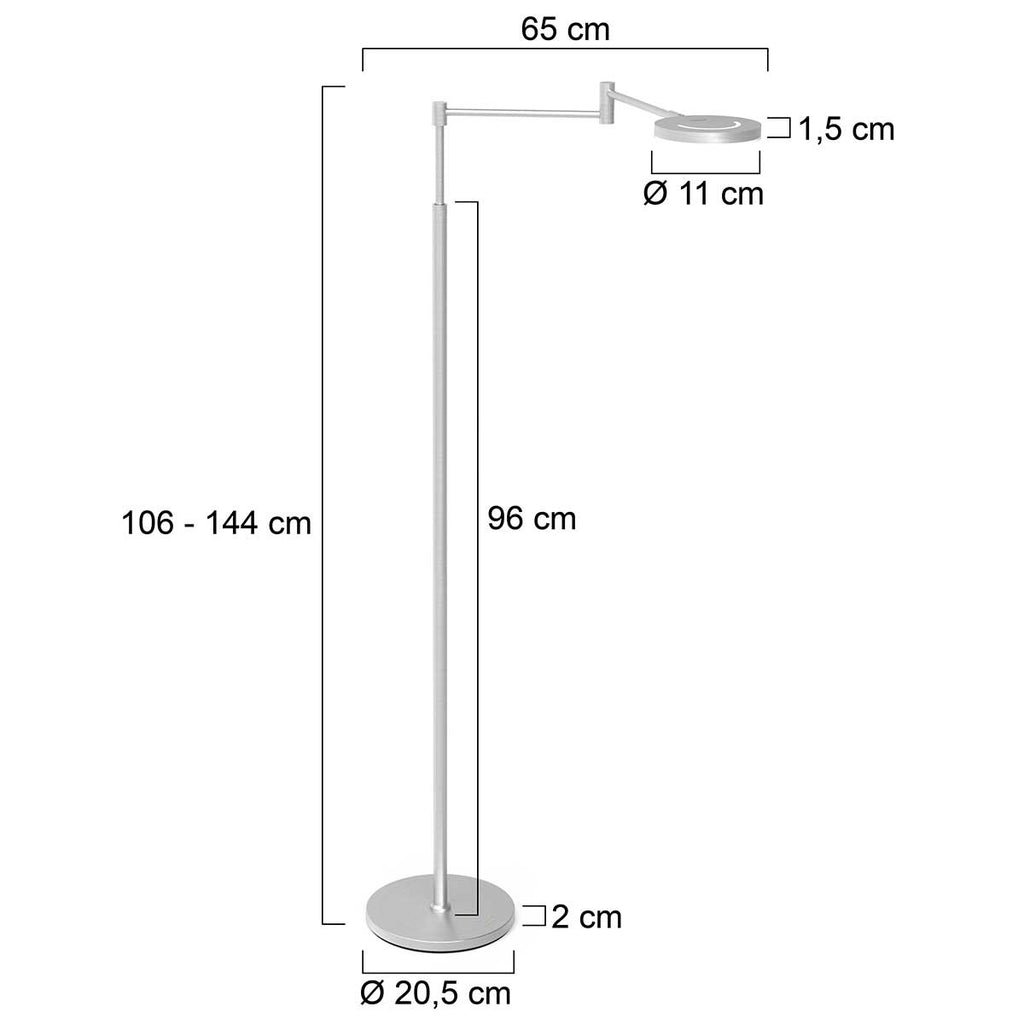 Stehlampe aus silberfarbenem Metall mit Gelenkarm und Akku