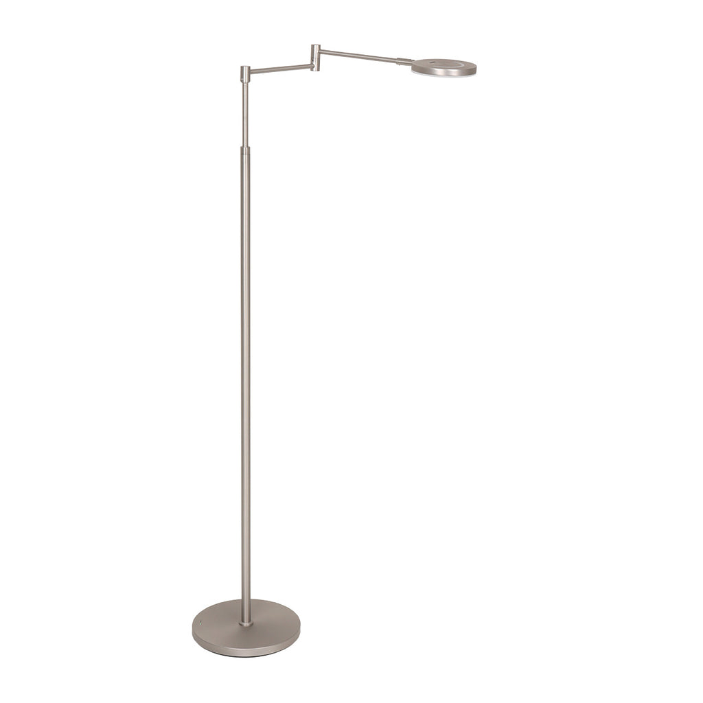 Stehlampe aus silberfarbenem Metall mit Gelenkarm und Akku