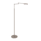 Stehlampe aus silberfarbenem Metall mit Gelenkarm und Akku