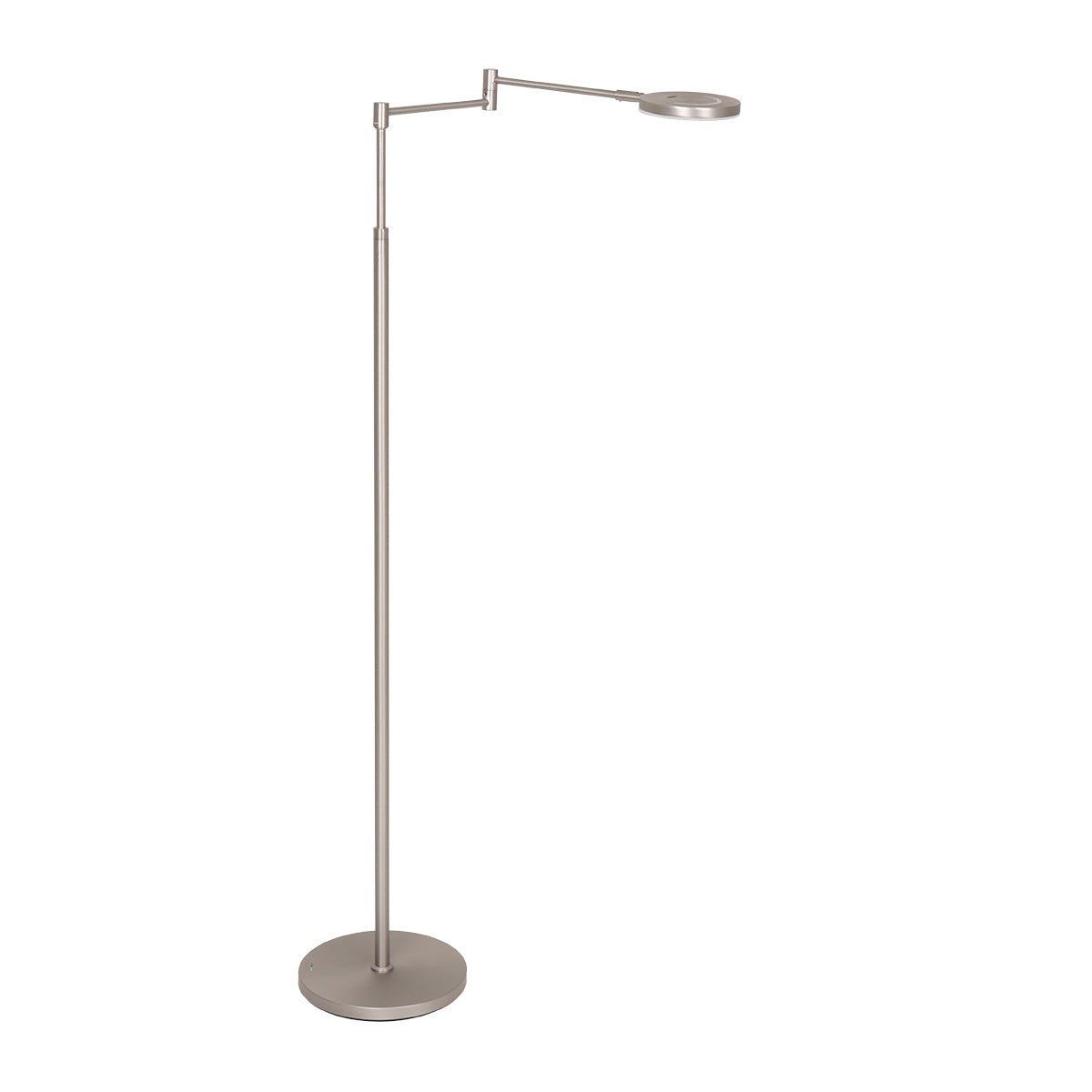 Stehlampe aus silberfarbenem Metall mit Gelenkarm und Akku