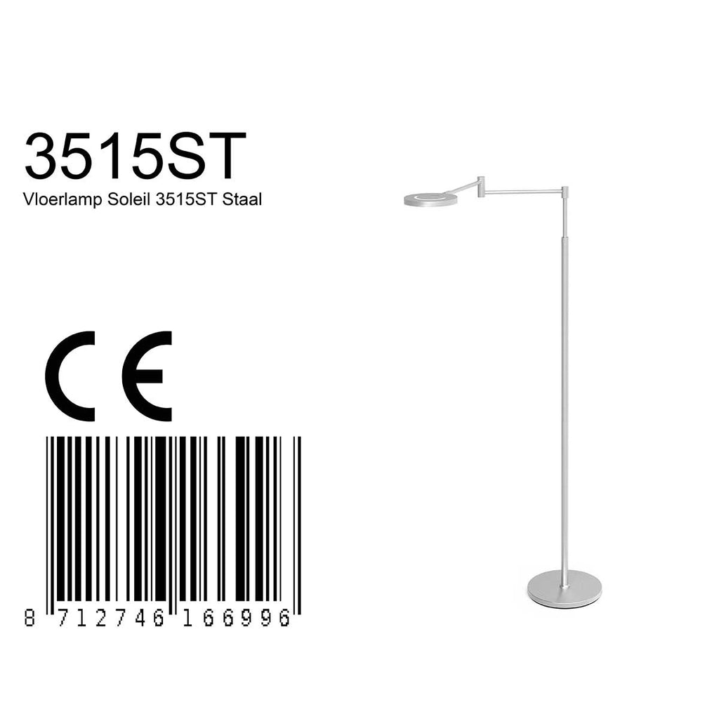 Stehlampe aus silberfarbenem Metall mit Gelenkarm und Akku