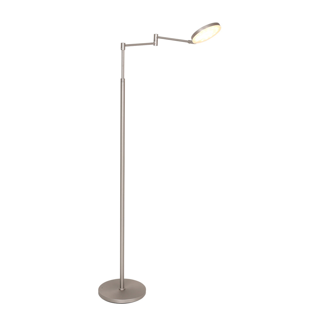 Stehlampe aus silberfarbenem Metall mit Gelenkarm und Akku