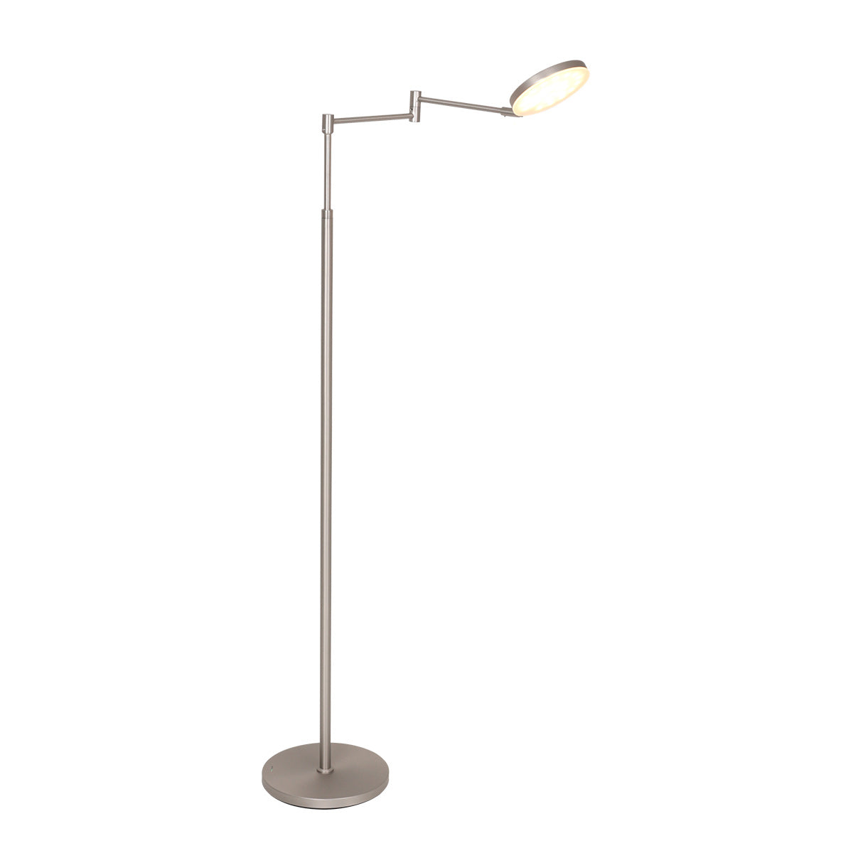 Stehlampe aus silberfarbenem Metall mit Gelenkarm und Akku