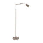 Stehlampe aus silberfarbenem Metall mit Gelenkarm und Akku