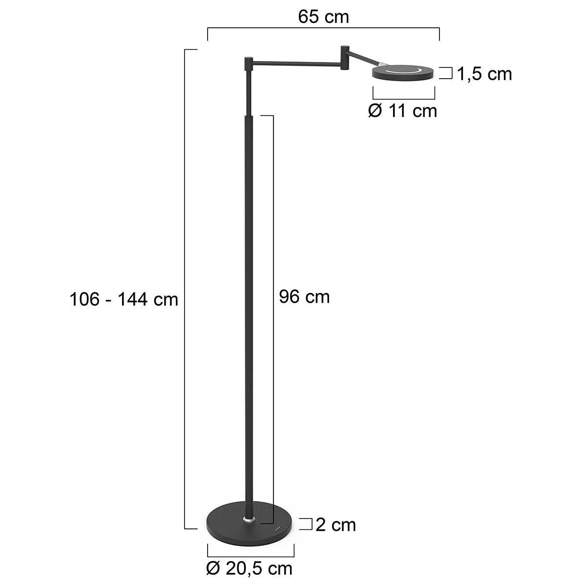 Stehlampe aus schwarzem Metall mit Gelenkarm, akkubetrieben und dimmbar – H140 cm