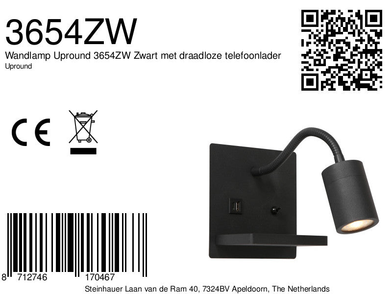 Wandleuchte aus schwarzem Metall mit kabellosem Ladepad und USB-Anschlüssen