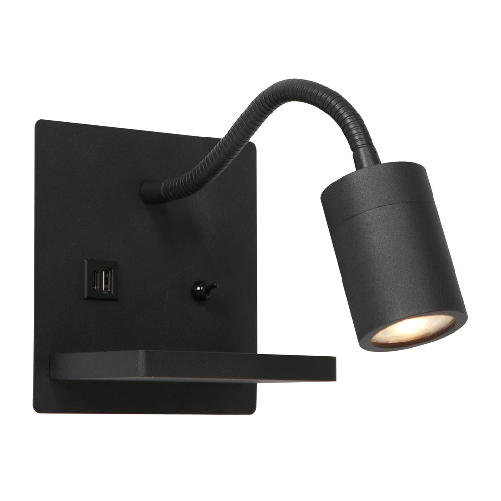 Wandleuchte aus schwarzem Metall mit kabellosem Ladepad und USB-Anschlüssen