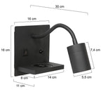 Wandleuchte aus schwarzem Metall mit kabellosem Ladepad und USB-Anschlüssen