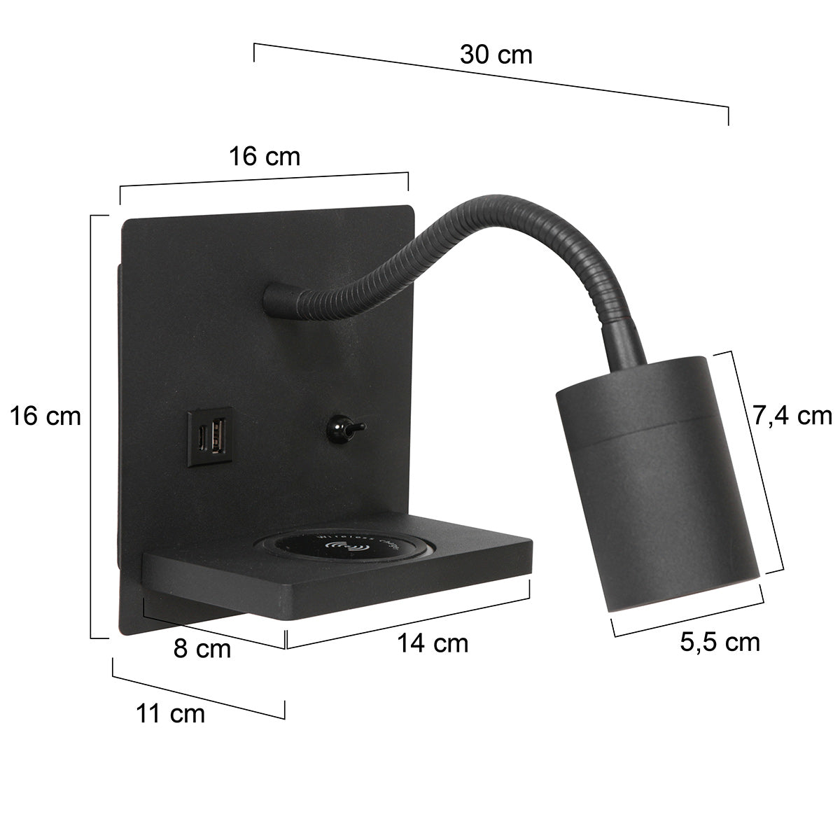 Wandleuchte aus schwarzem Metall mit kabellosem Ladepad und USB-Anschlüssen