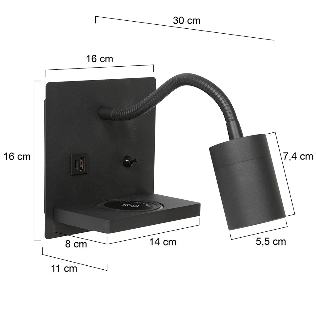 Wandleuchte aus schwarzem Metall mit kabellosem Ladepad und USB-Anschlüssen