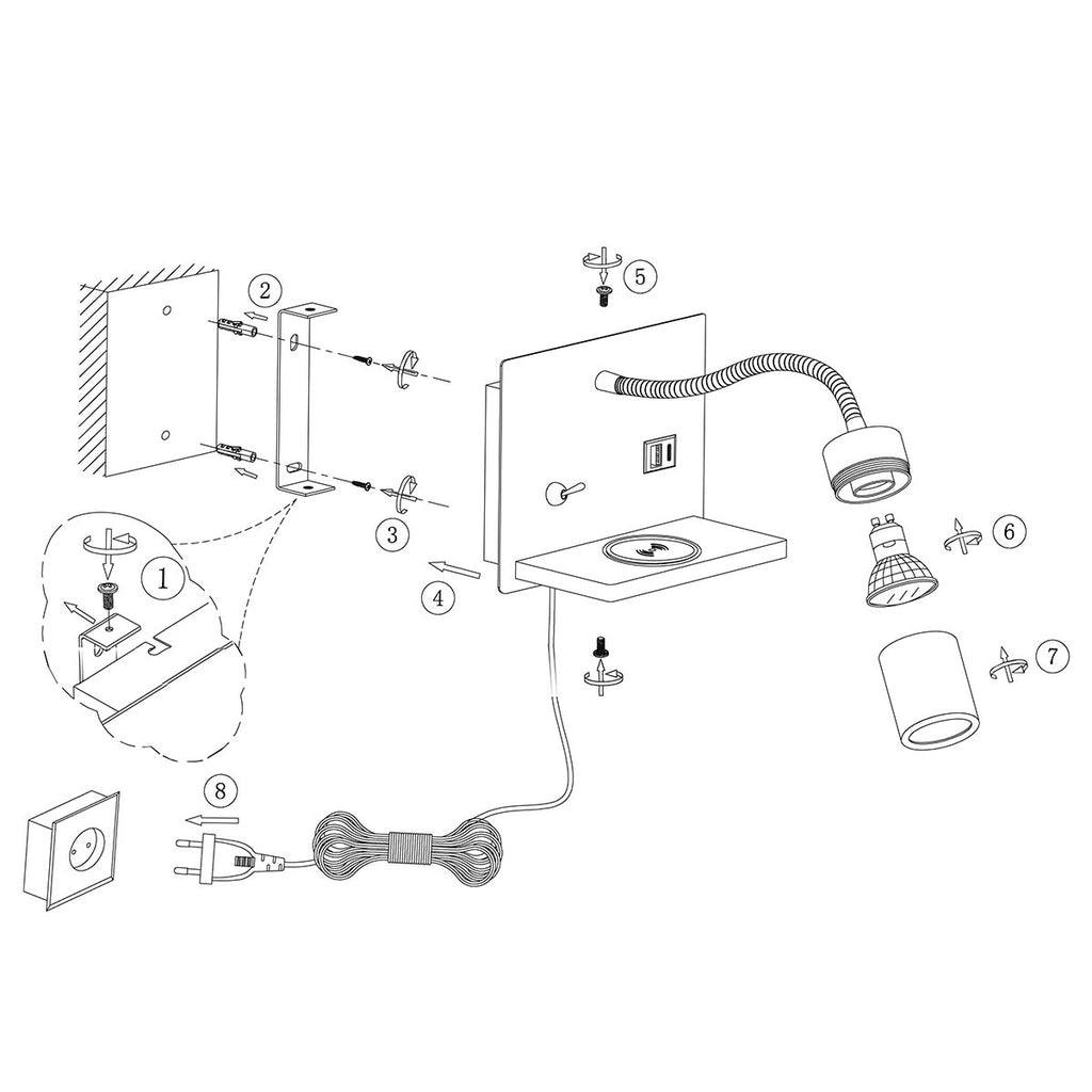 Wandleuchte aus schwarzem Metall mit kabellosem Ladepad und USB-Anschlüssen