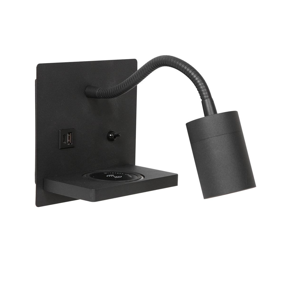 Wandleuchte aus schwarzem Metall mit kabellosem Ladepad und USB-Anschlüssen