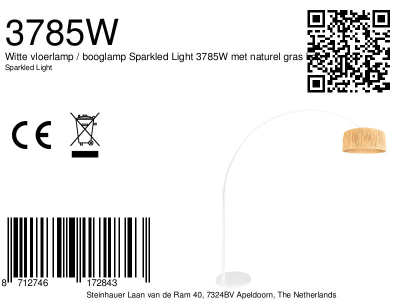 Bogenlampe in Weiß mit Schirm aus Naturfasern fürs Wohnzimmer – Ø50 cm