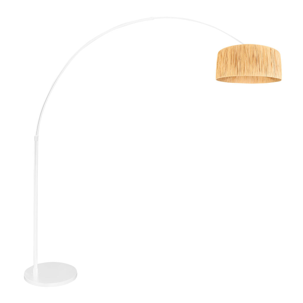 Bogenlampe in Weiß mit Schirm aus Naturfasern fürs Wohnzimmer – Ø50 cm