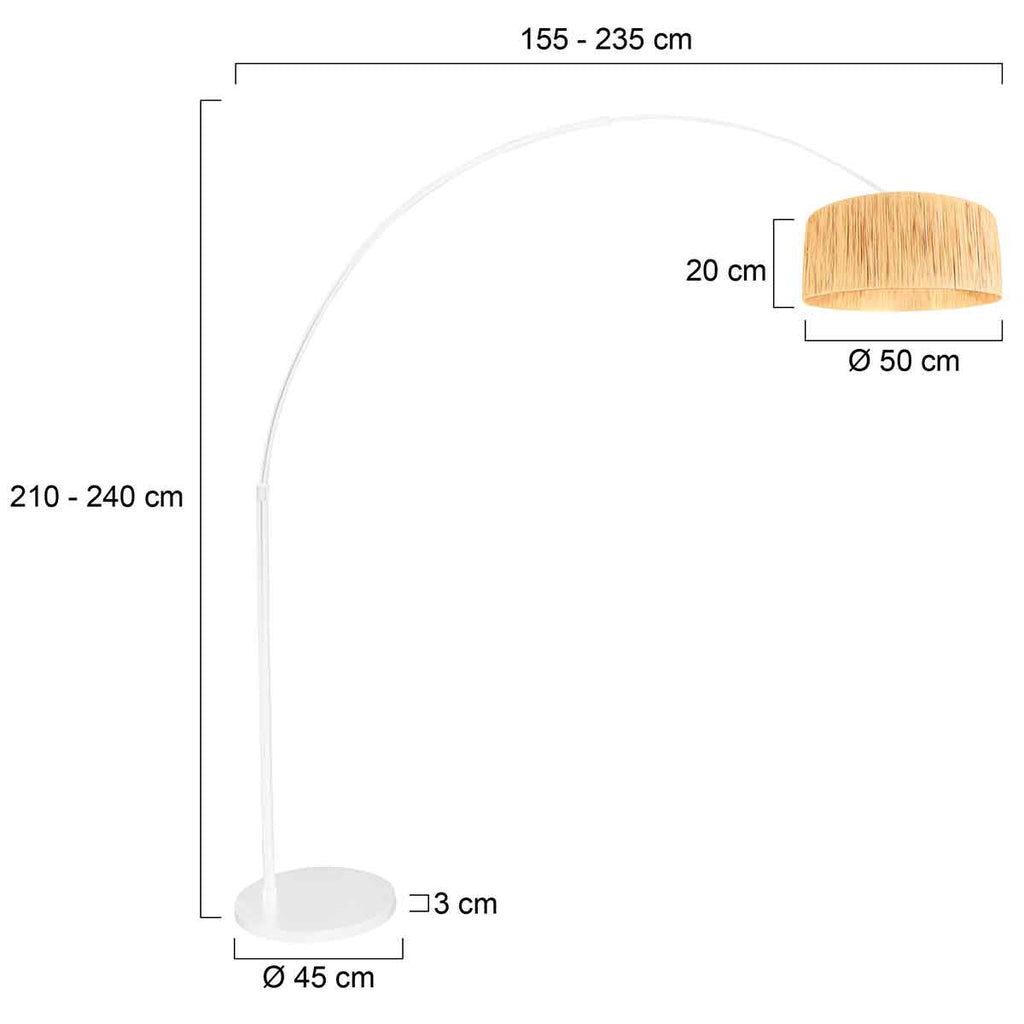Bogenlampe in Weiß mit Schirm aus Naturfasern fürs Wohnzimmer – Ø50 cm