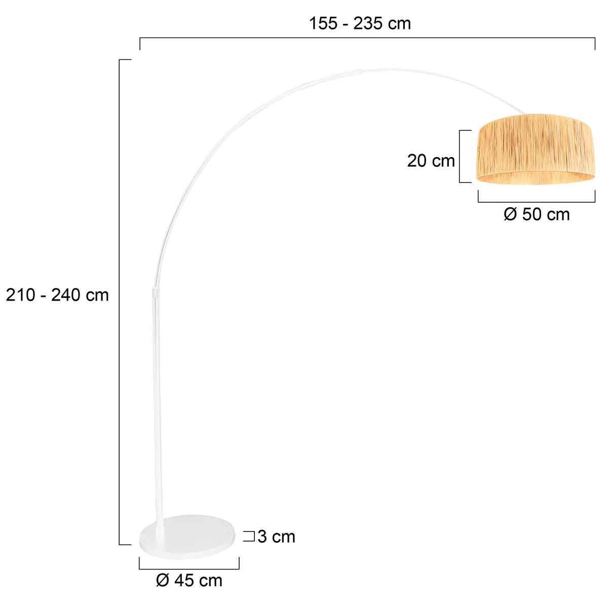 Bogenlampe in Weiß mit Schirm aus Naturfasern fürs Wohnzimmer – Ø50 cm