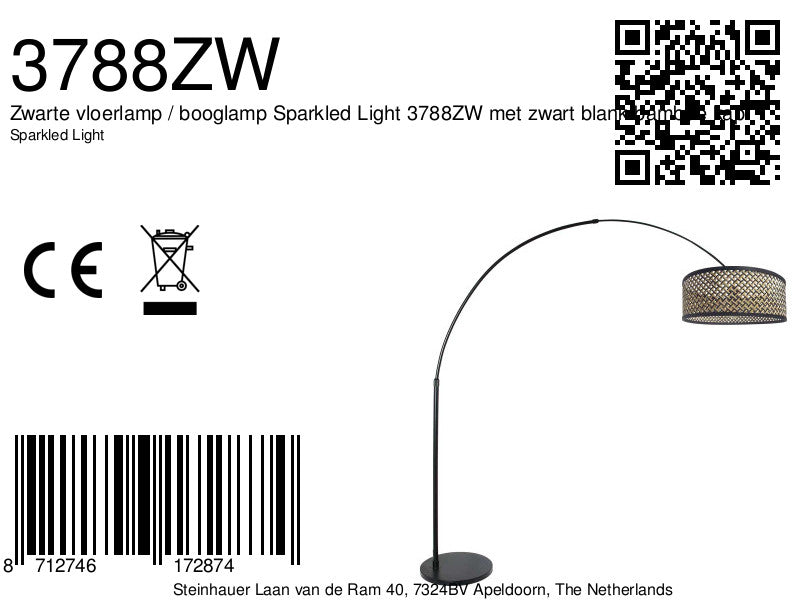Bogenlampe in Schwarz mit geflochtenem Bambusschirm – H210-240 cm