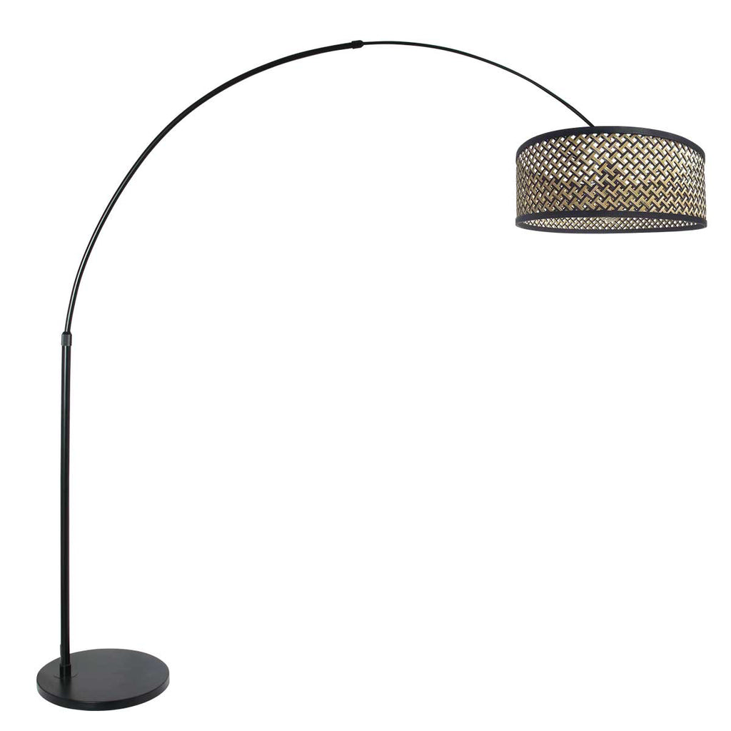 Bogenlampe in Schwarz mit geflochtenem Bambusschirm – H210-240 cm