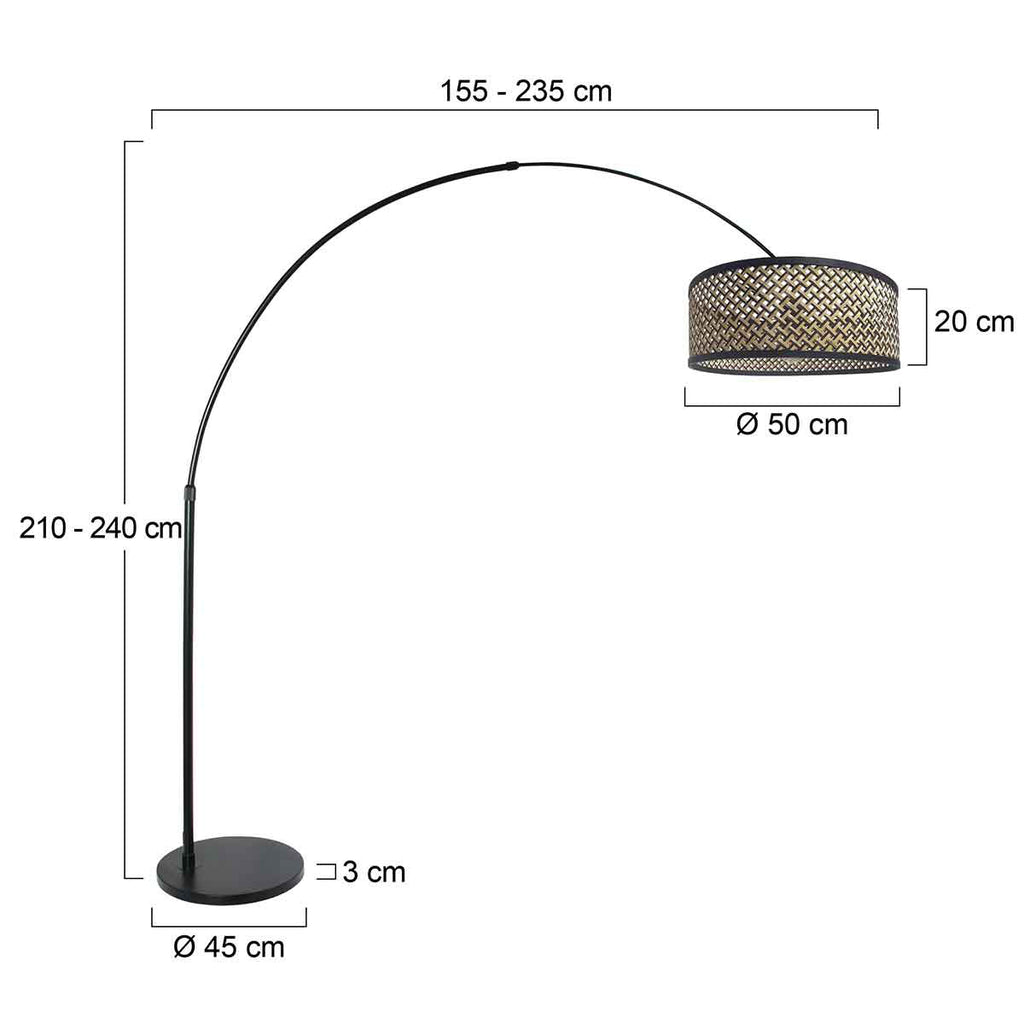 Bogenlampe in Schwarz mit geflochtenem Bambusschirm – H210-240 cm