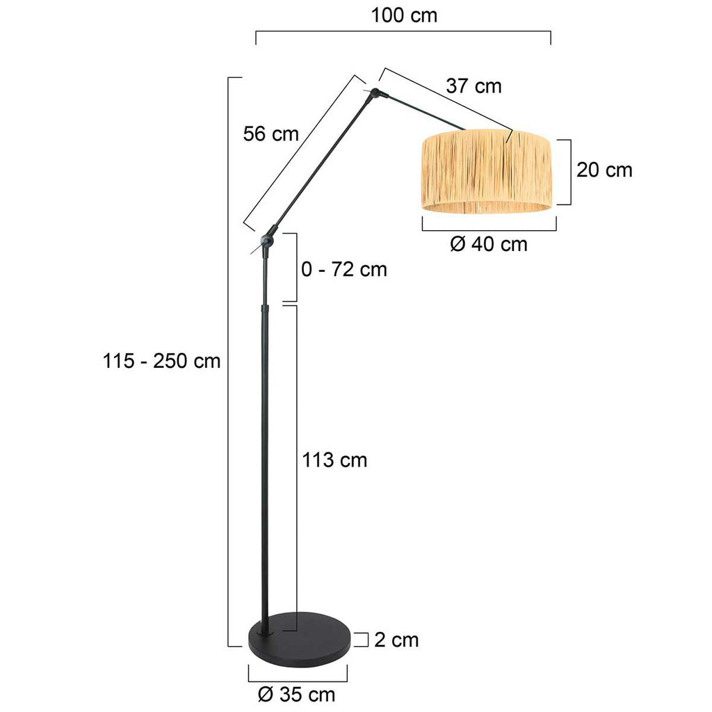Stehlampe aus Rattan Natur mit schwarzem Gelenkgestell – Ø40 cm