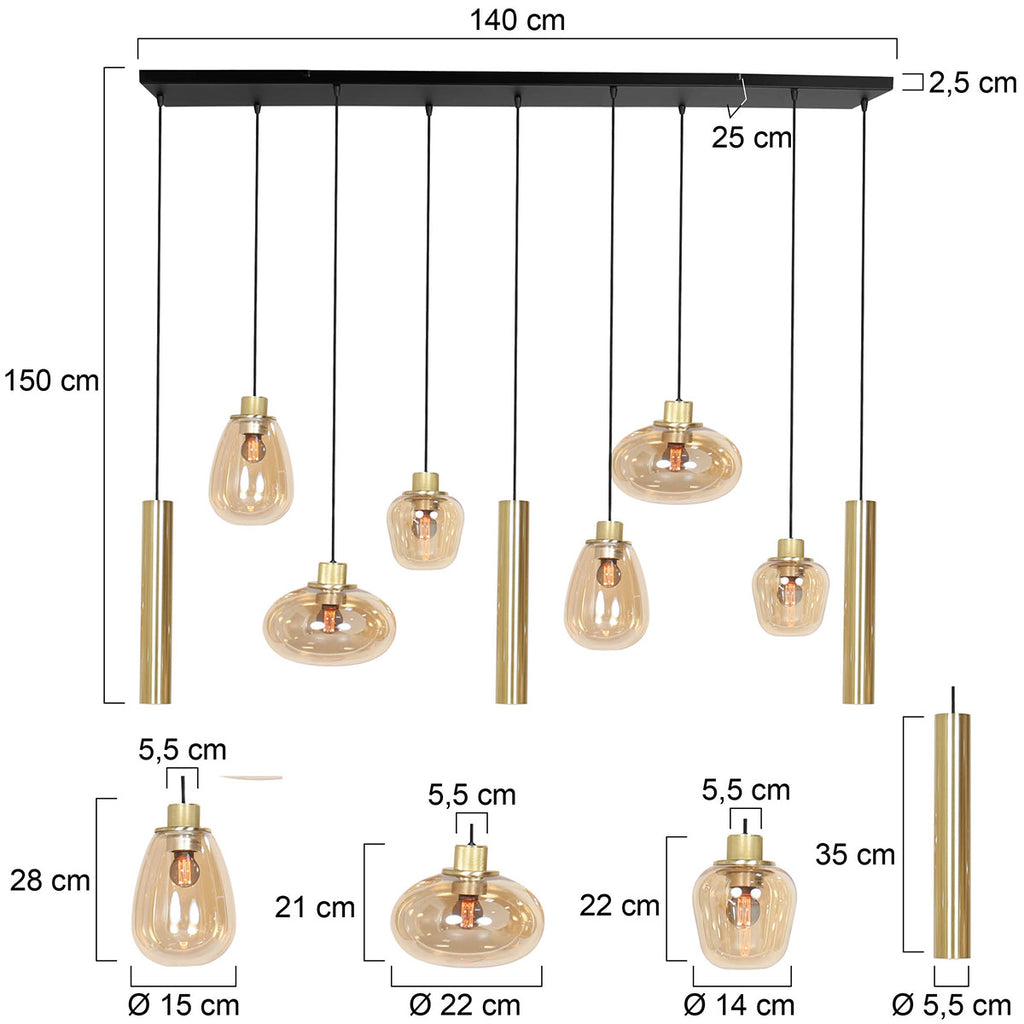 Mehrflammige Hängeleuchte aus Bernsteinglas in Messingoptik für warmes Licht – 140x44 cm