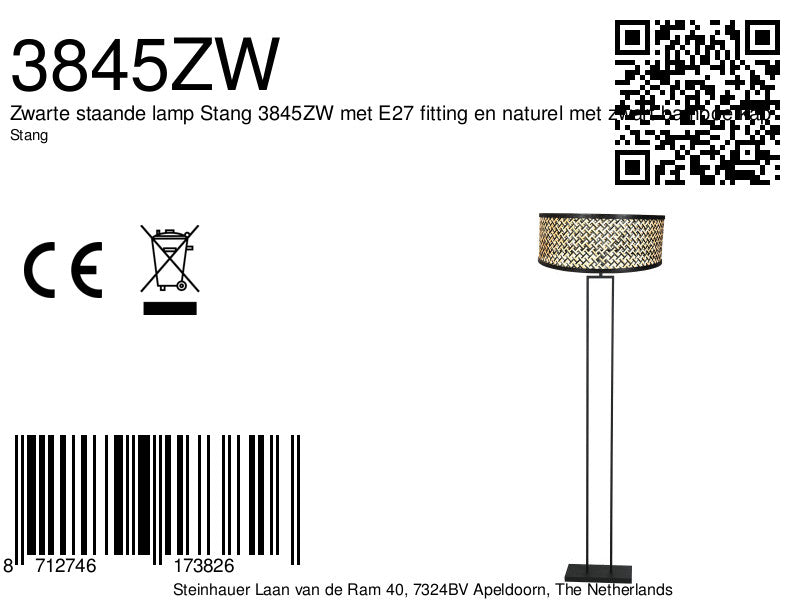 Moderne Stehlampe in Schwarz mit Bambusschirm fürs Wohnzimmer – Ø50 cm