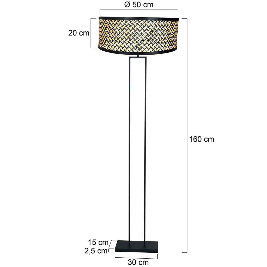 Moderne Stehlampe in Schwarz mit Bambusschirm fürs Wohnzimmer – Ø50 cm