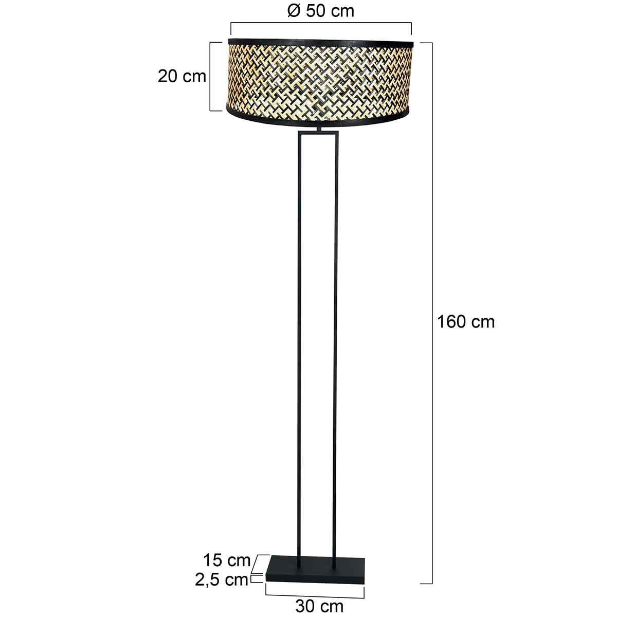 Moderne Stehlampe in Schwarz mit Bambusschirm fürs Wohnzimmer – Ø50 cm