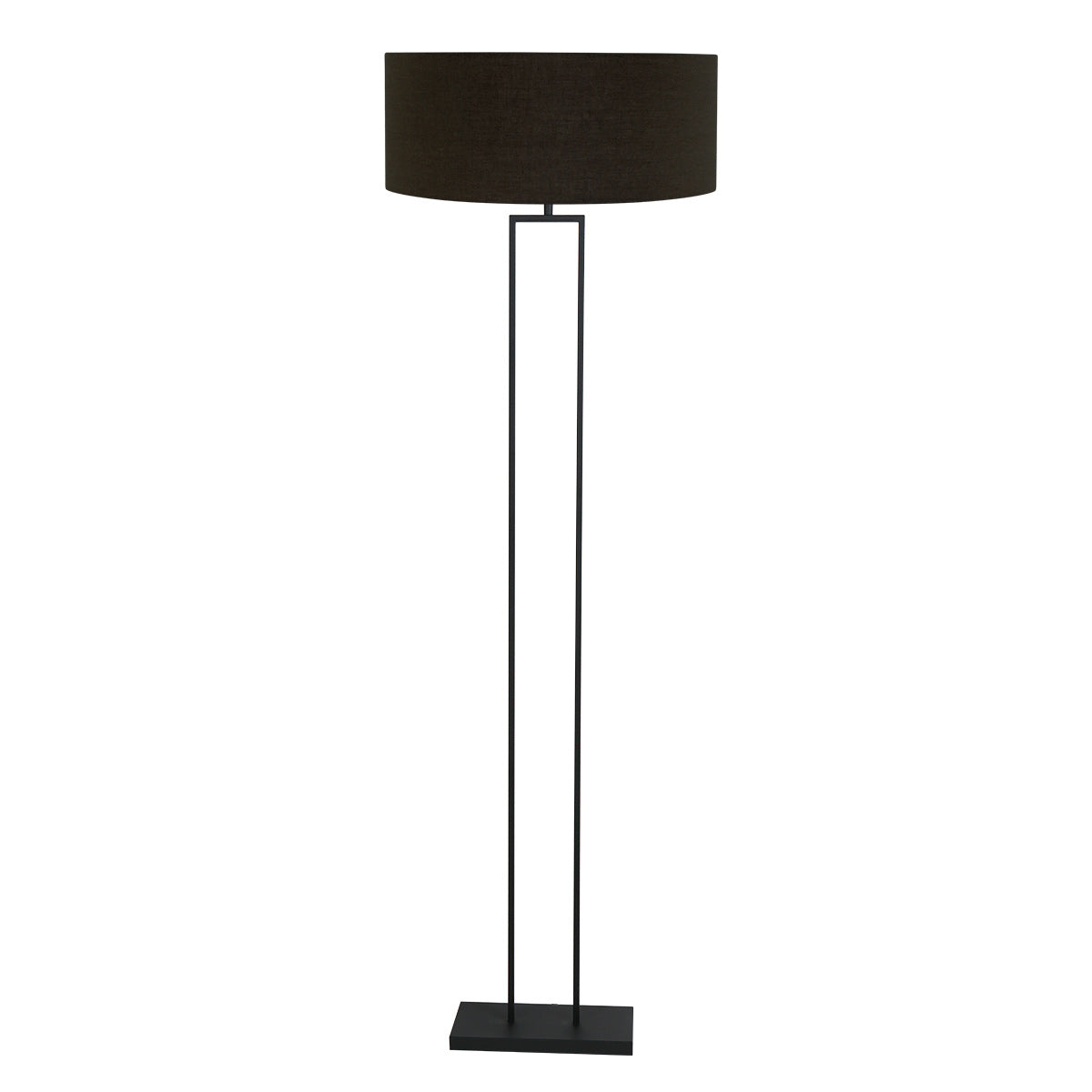 Stehlampe aus schwarzem Metall mit Zylinderschirm in Schwarz und Goldfarben – H160 cm