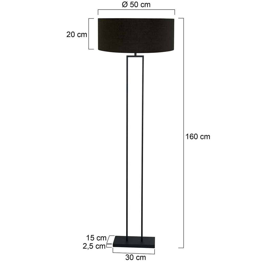 Stehlampe aus schwarzem Metall mit Zylinderschirm in Schwarz und Goldfarben – H160 cm
