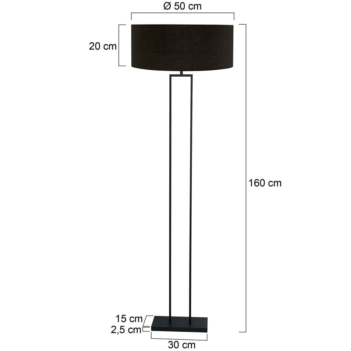 Stehlampe aus schwarzem Metall mit Zylinderschirm in Schwarz und Goldfarben – H160 cm