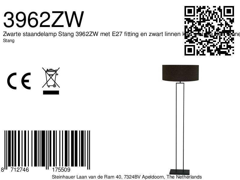 Stehlampe aus schwarzem Metall mit Zylinderschirm in Schwarz und Goldfarben – H160 cm