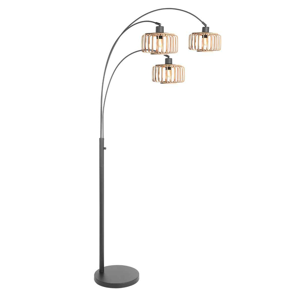 Bogenlampe aus schwarzem Metall mit Schirmen aus hellem Holz – H200 cm