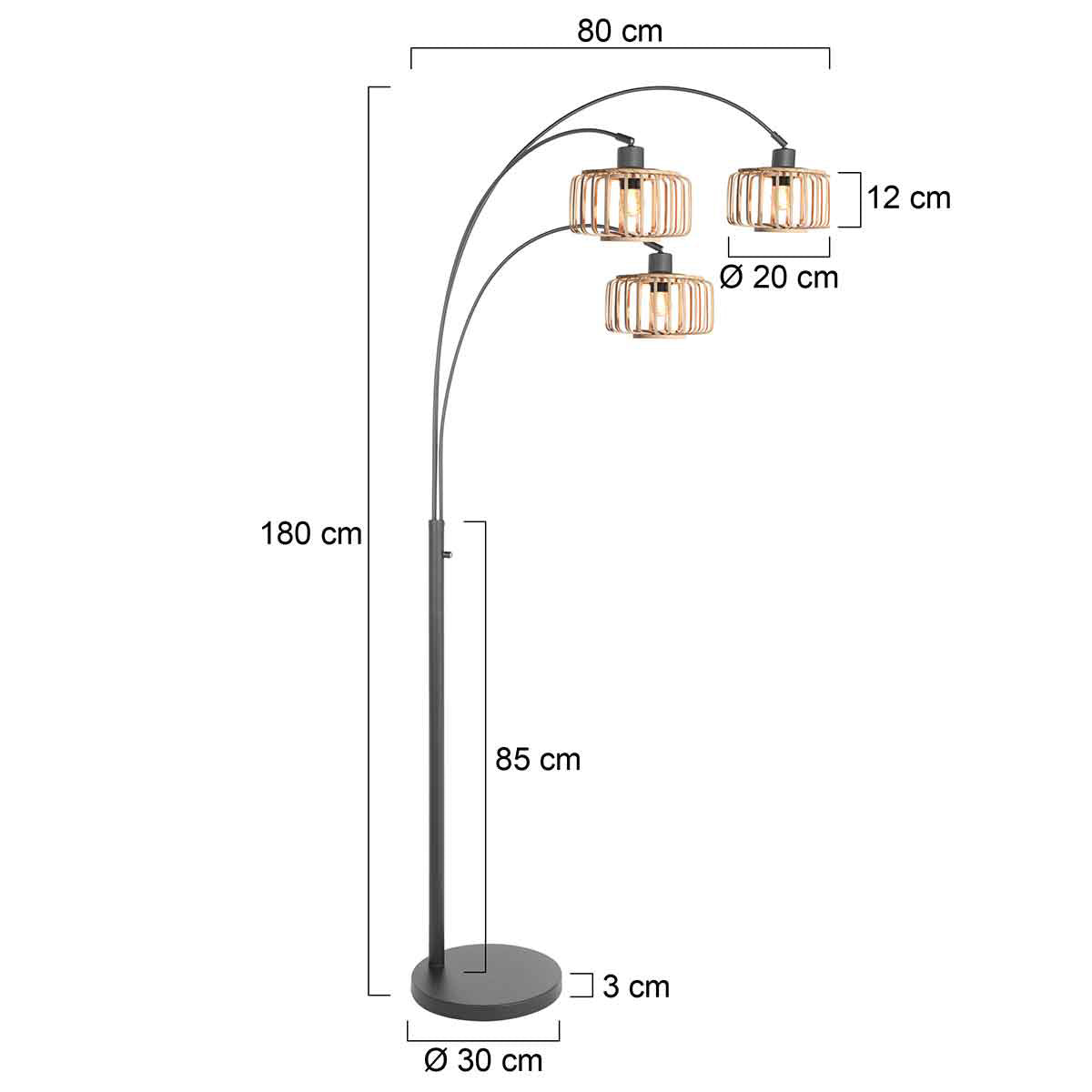 Bogenlampe aus schwarzem Metall mit Schirmen aus hellem Holz – H200 cm