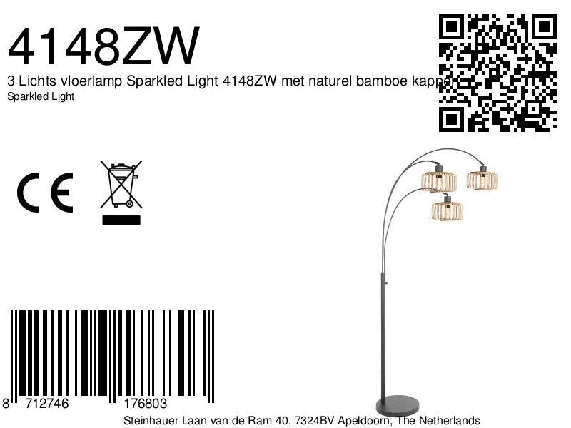 Bogenlampe aus schwarzem Metall mit Schirmen aus hellem Holz – H200 cm